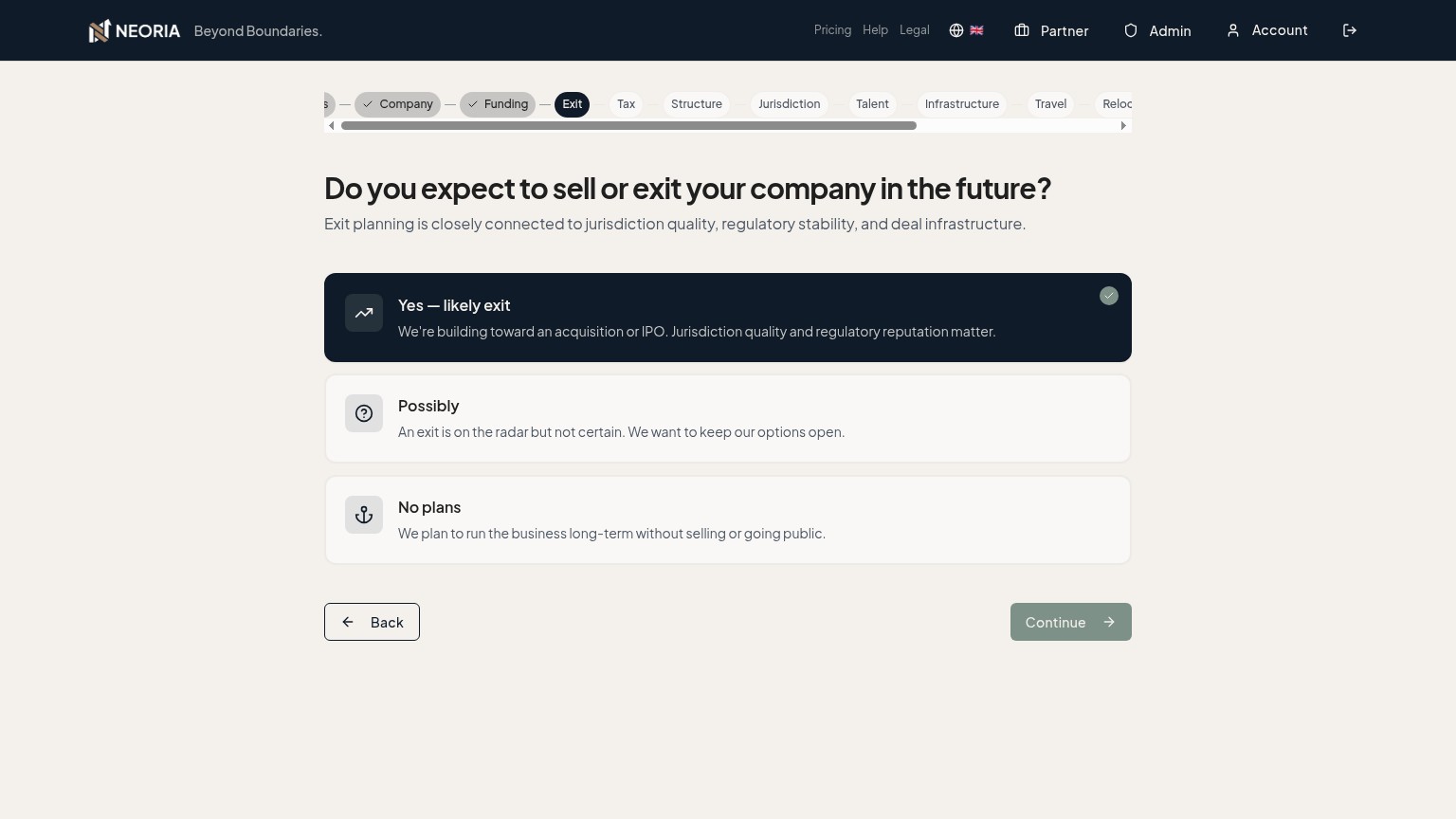 Neoria business simulator showing corporate tax, VAT and compliance analysis