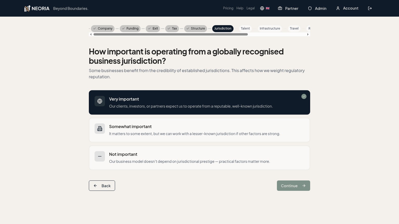 Neoria business platform showing stability, IP protection and regulatory metrics