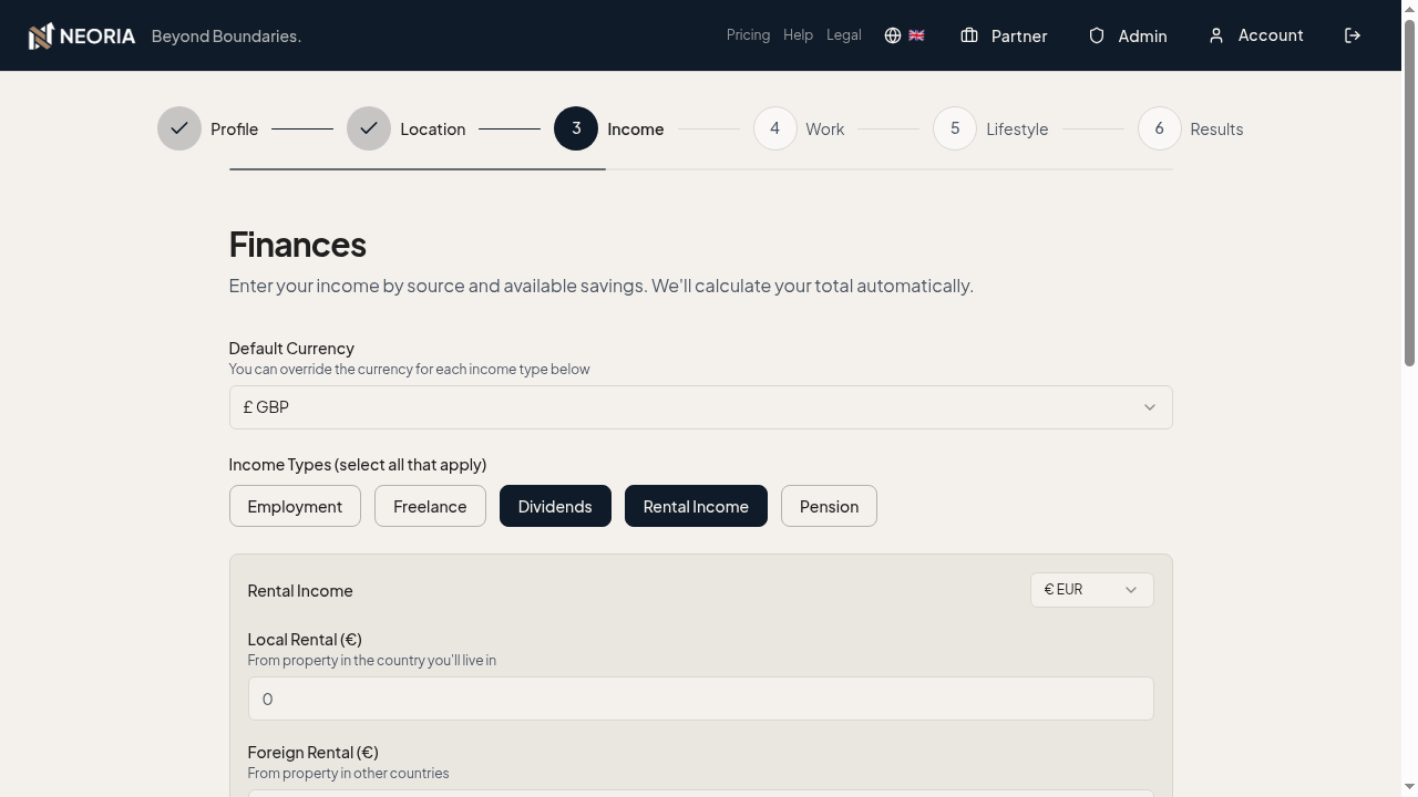 Neoria financial simulator showing income fields and calculated totals