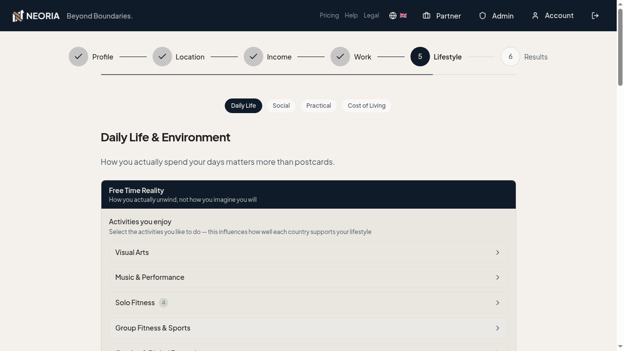 Neoria lifestyle preferences showing activities and cultural matching
