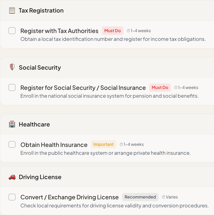 Neoria relocation checklist covering tax registration, social security, healthcare and driving licence, each with a priority and timescale