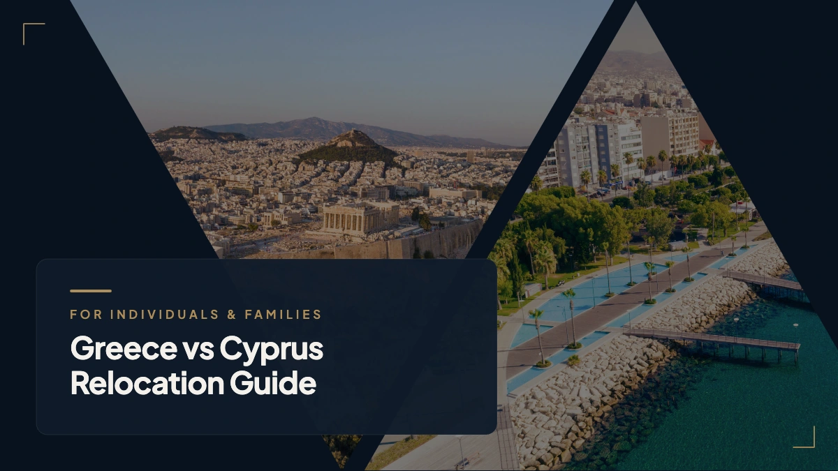 Split cover image: Athens with the Acropolis on the left and a Cypriot coastal promenade on the right, titled "Greece vs Cyprus Relocation Guide"