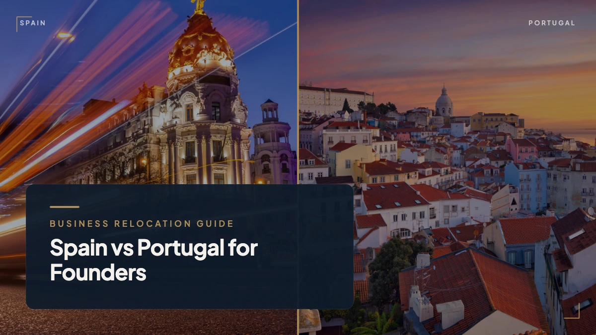 Split cover image: Madrid at night on the left and Lisbon at sunset on the right, titled "Spain vs Portugal for Founders"